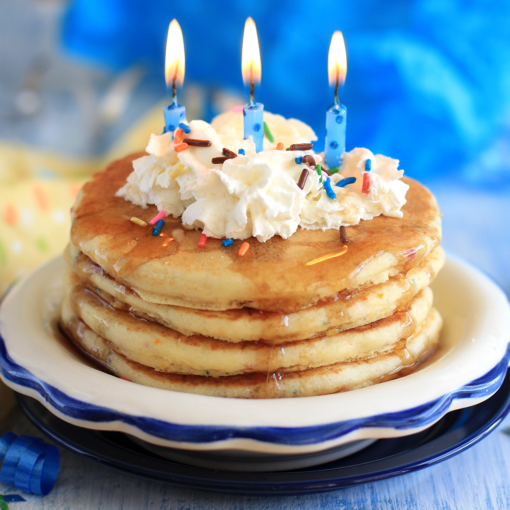 Stack of birthday cake pancakes