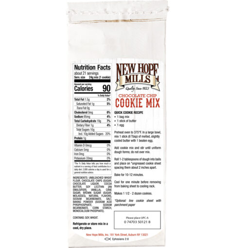 New Hope Mills chocolate chip cookie mix back