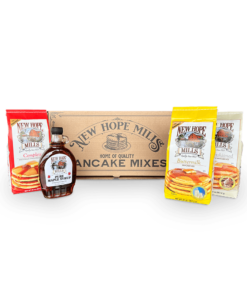 Photo of the Seneca Gift box, which includes a 2lb Buttermilk, a 2lb Complete, and a 2lb Old Fashioned Pancake mixes, with a 12.5 fl oz glass bottle of Pure Maple Syrup