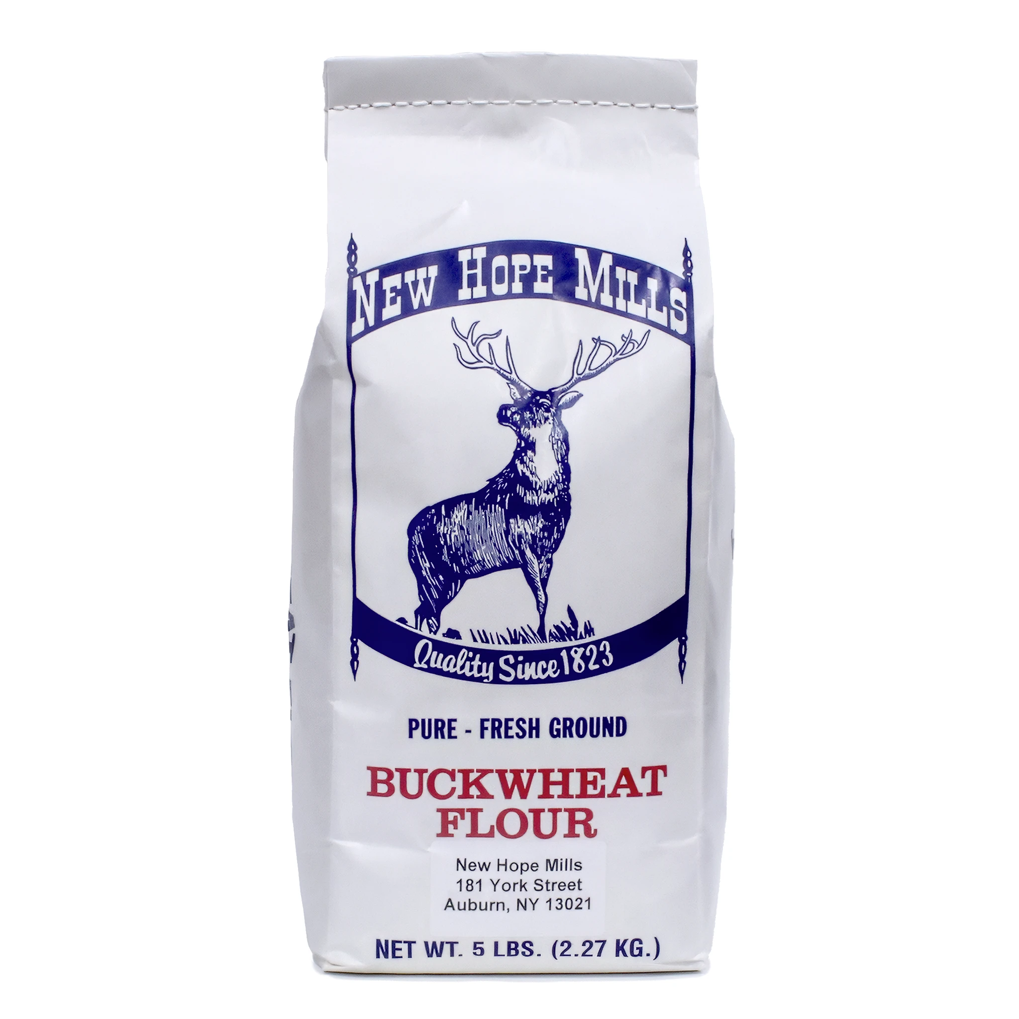 Photo of the front of a bag of New Hope Mills Buckwheat Flour 5lb
