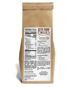 Image of the back of the Cinnamon Bun Pancake mix bag, with baking instructions and nutritional facts