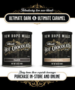 Image of Ultimate Hot Chocolate Dark and Caramel canisters, with text 