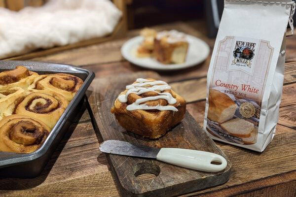 Photo of prepared cinnamon rolls using the shown New Hope Mills Country White Bread mix.
