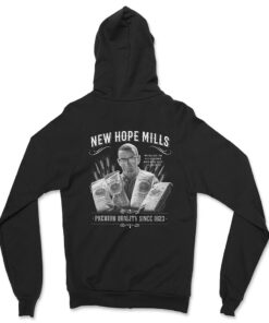 Zip-Up Hoodie Back; black with white "New Hope Mills" and "Premium Quality Since 1823" text with an image of Leland Weed holding bags pancake mix