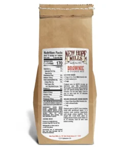 The back of a New Hope Mills Rich Chocolate Brownie & Cookie Mix bag. The packaging is brown Kraft paper with, with a white label, with black and red print. The left side displays the Nutrition Facts label detailing serving size, calories, and nutritional content, with ingredients listed below that. The right side has a large label with the product name, logo, and a brownie recipe. Below the recipe is additional product information including ingredients, manufacturer contact details, and a UPC barcode.
