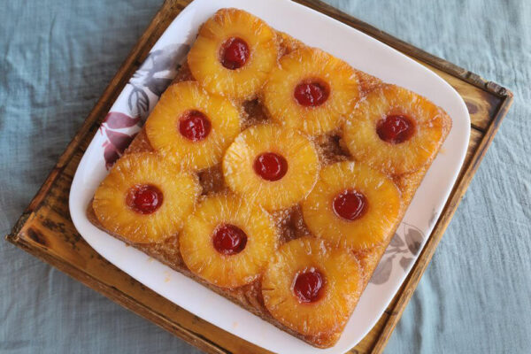 Photo Coconut Pineapple Upside Down Cake, made with New Hope Mills Toasted Coconut Pancake Mix