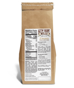 Image showing front of a bag of New Hope Mills S'mores Pancake Mix; includes nutritional facts.