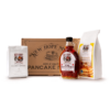 Photo of Rise & Shine Gift box, containing Buttermilk Pancake mix, bottle of syrup, and bag of coffee