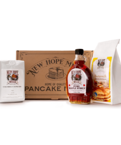 Photo of Rise & Shine Gift box, containing Buttermilk Pancake mix, bottle of syrup, and bag of coffee
