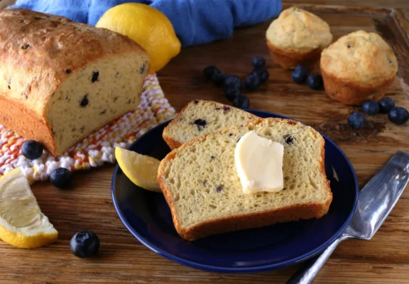 Photo of prepared Keto Bread Mix with slices of bread on a dark blue plate