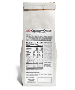 Back of the Keto Cranberry Orange Muffin and Bread Mix package, showing ingredients, nutrition facts, and other such information