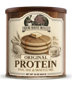 A photo of the front of the can of New Hope Mills New Protein Pancake Mix