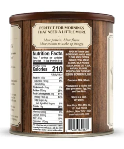 An image of the back of the can of New Hope Mills New Protein Pancake Mix showing the nutritional values.