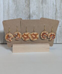 image of all three clay dangle pancake earrings, classic, apple cinnamon and blueberry
