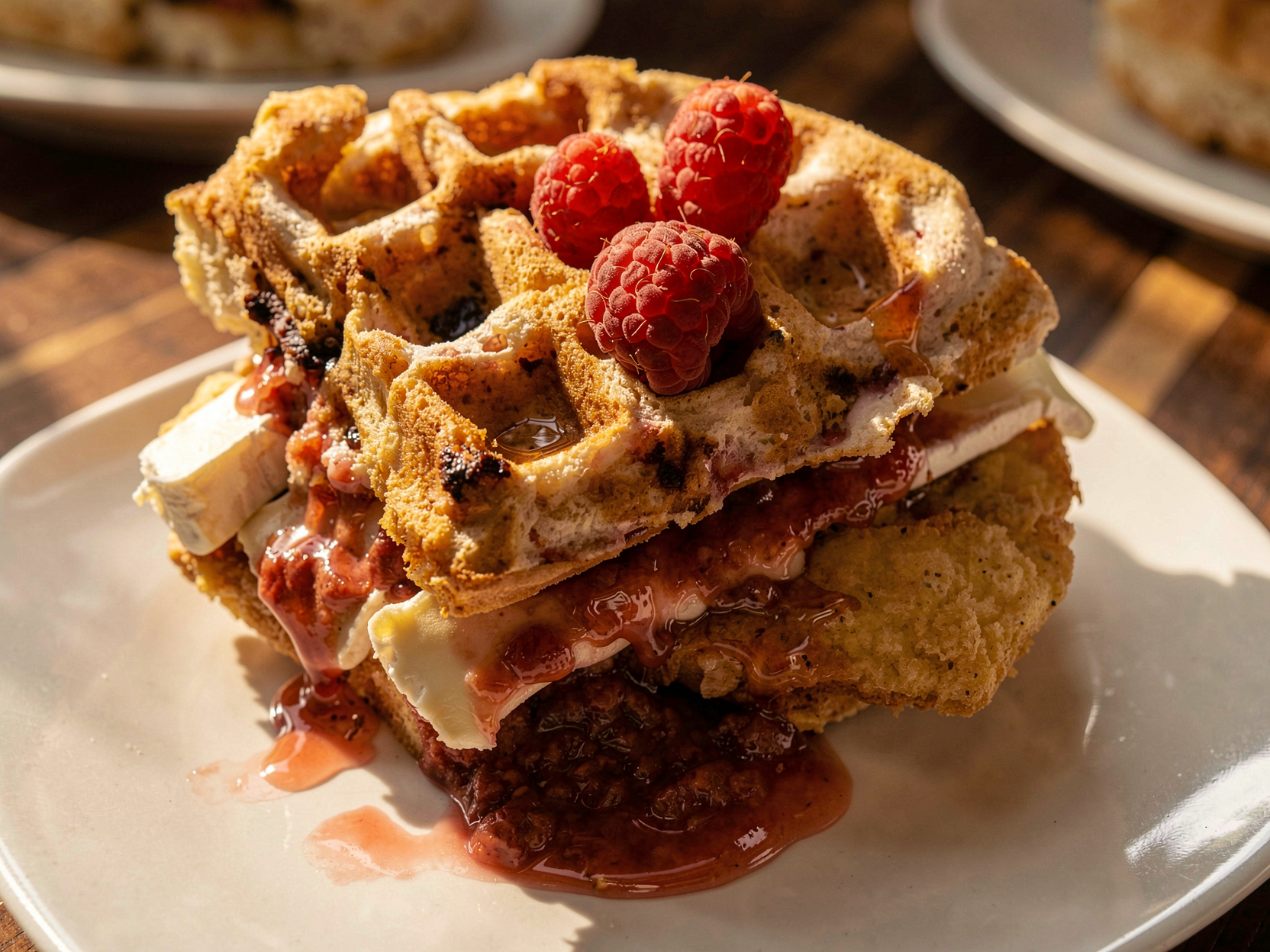 Raspberry and brie chicken and waffle sandwich