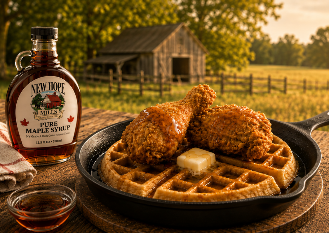 Chicken and waffles with syrup