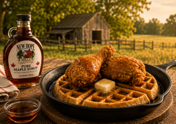 Chicken and waffles with syrup