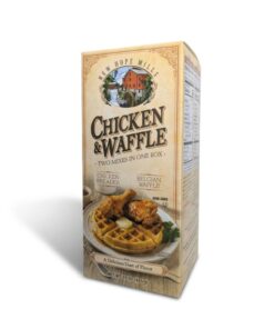 Front angled view of New Hope Mills Chicken and Waffle Mix. partial view of the nutritional panels